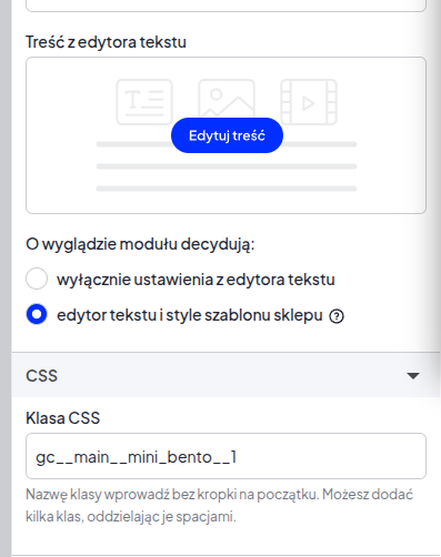Panel Mini Bento z przyciskiem Edytuj treść i polem Klasa CSS