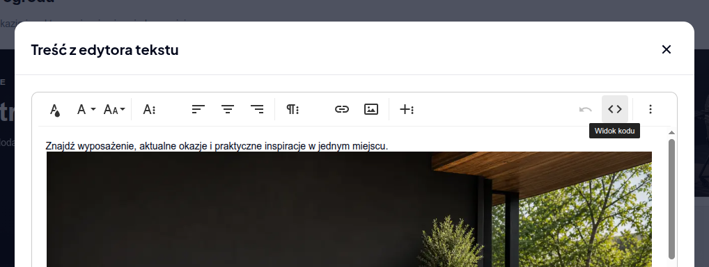 Pasek edytora treści z podświetloną ikoną Widok kodu